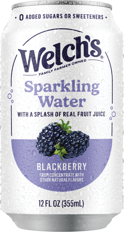 Picture of a cold and refreshing can of Welch's sparkling water, blackberry flavor.