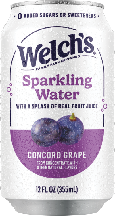 Picture of a cold and refreshing can of Welch's sparkling water, concord grape flavor.