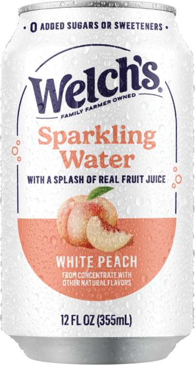 Picture of a cold and refreshing can of Welch's sparkling water, white peach flavor.