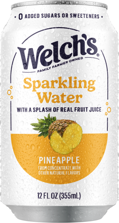 Picture of a cold and refreshing can of Welch's sparkling water, pineapple flavor.